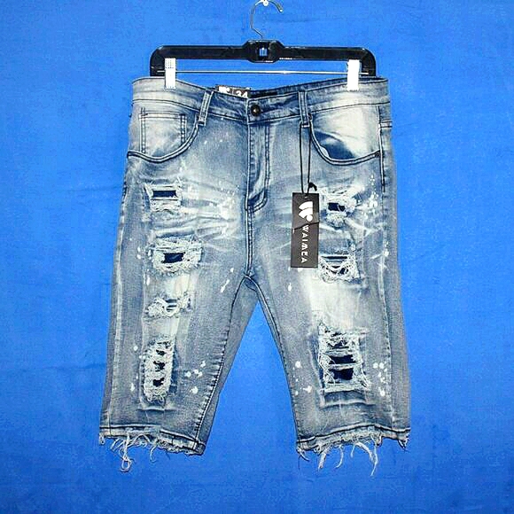 Waimea Skinny Fit Distressed Denim Shorts Blue 34 NWT - Picture 1 of 9